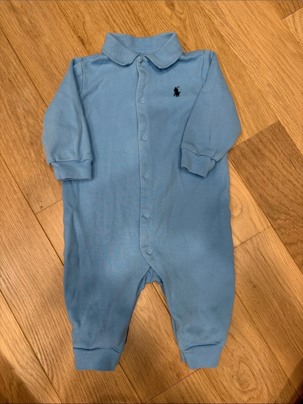 Ralph Lauren Baby Blue Polo Cotton Footie with Embroidered Pony
